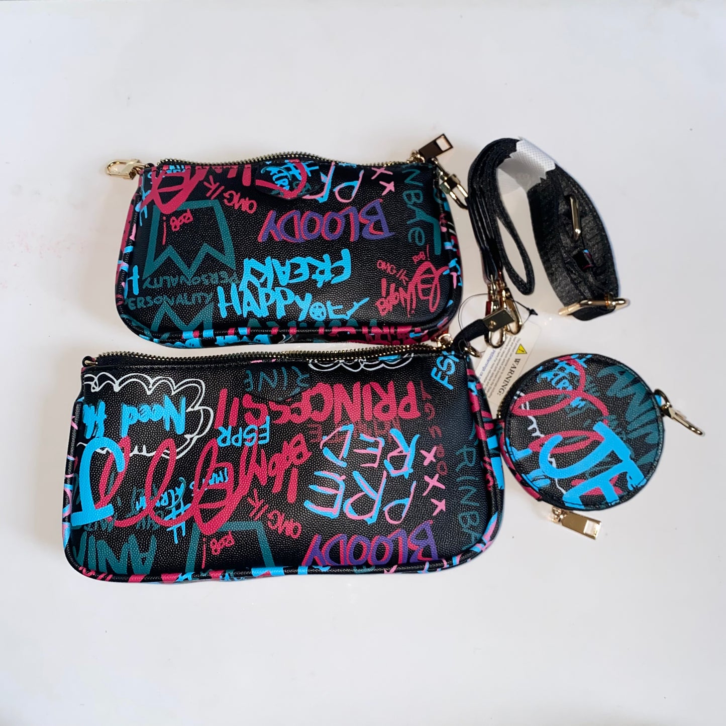 3 in 1 Black Graffiti Over The Shoulder Purse