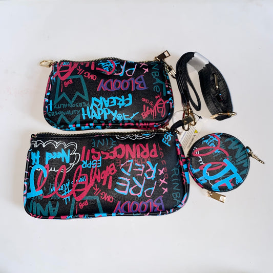 3 in 1 Black Graffiti Over The Shoulder Purse