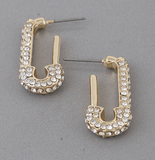 Gold Rhinestone Safety Pin Earrings