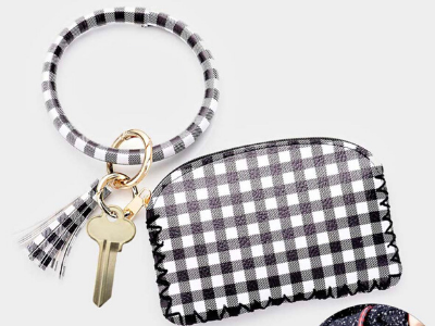 Black Check Plaid Tassel Key Chain / Bracelet / Pouch Bag