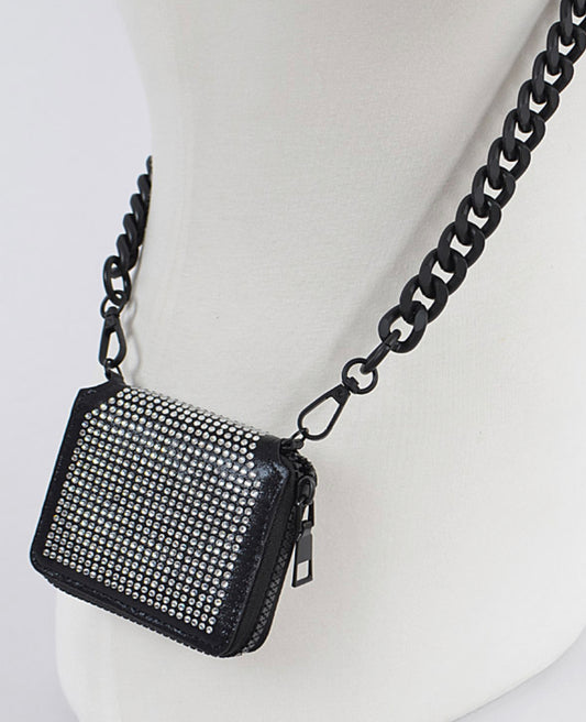 Black Rhinestones Over The Shoulder Wallet