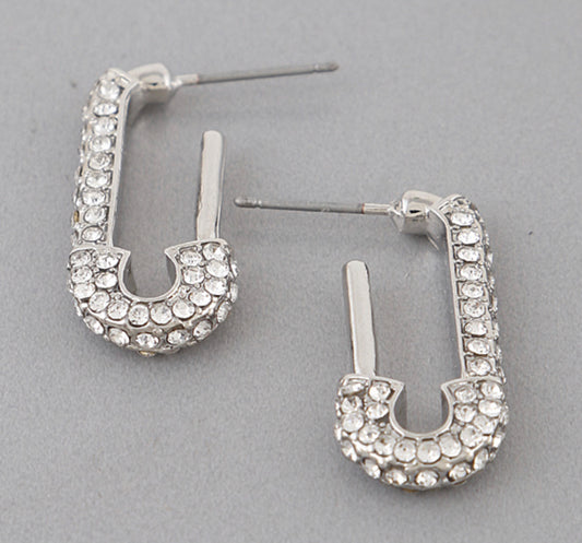 Silver Rhinestone Safety Pin Earrings