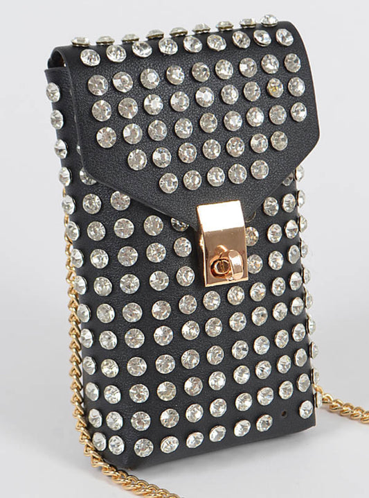 Black Rhinestones Bag With Gold Strap